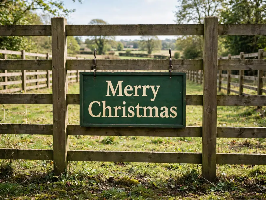Painted Merry Christmas sign hanging on a fence