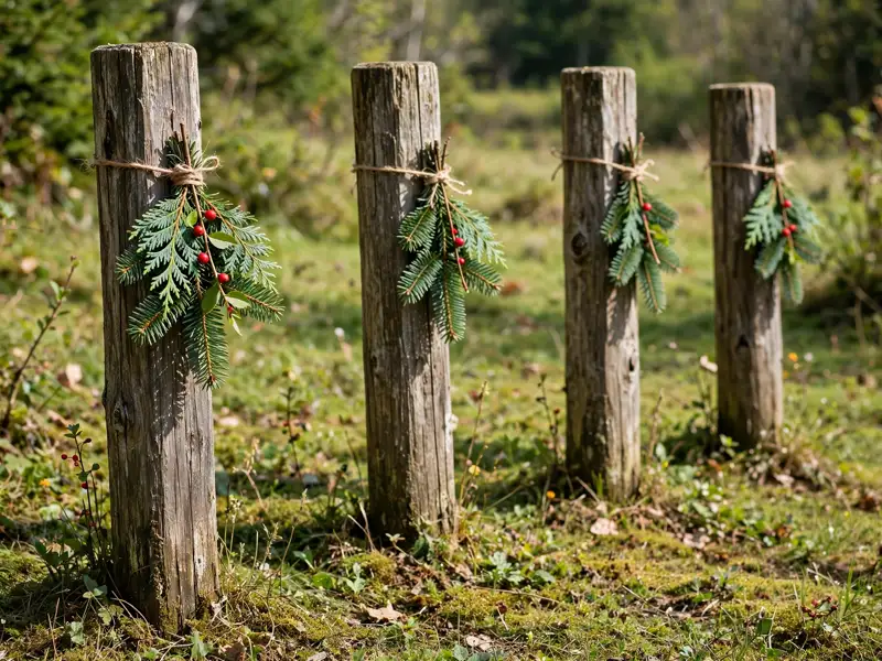 Small greenery posies tied to fence posts