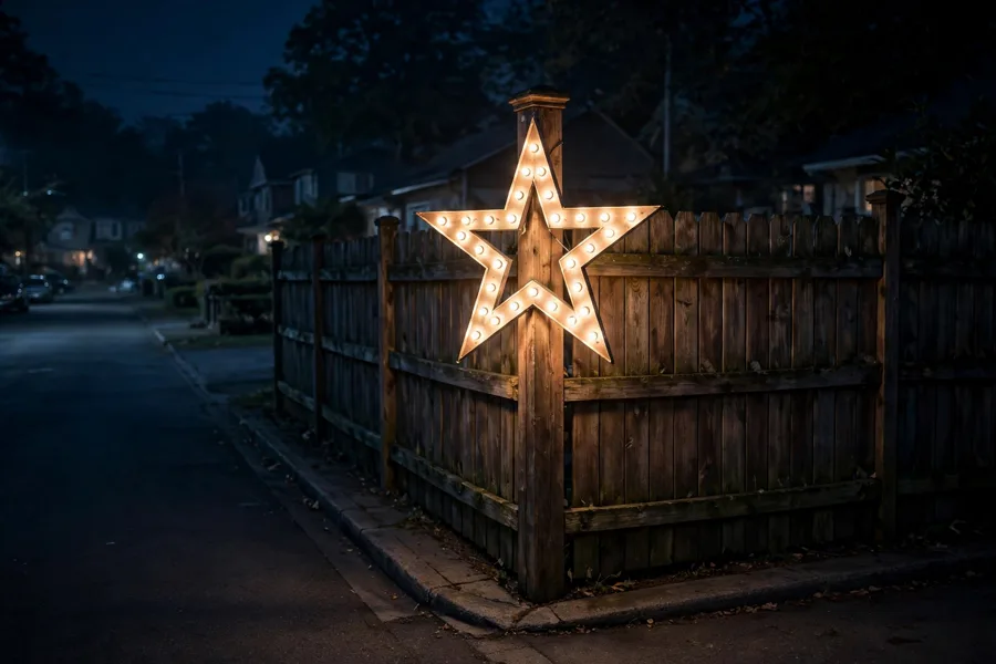 Lit star fixed to a fence corner post at night