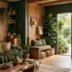 living space in deep greens and warm wood with planted entry