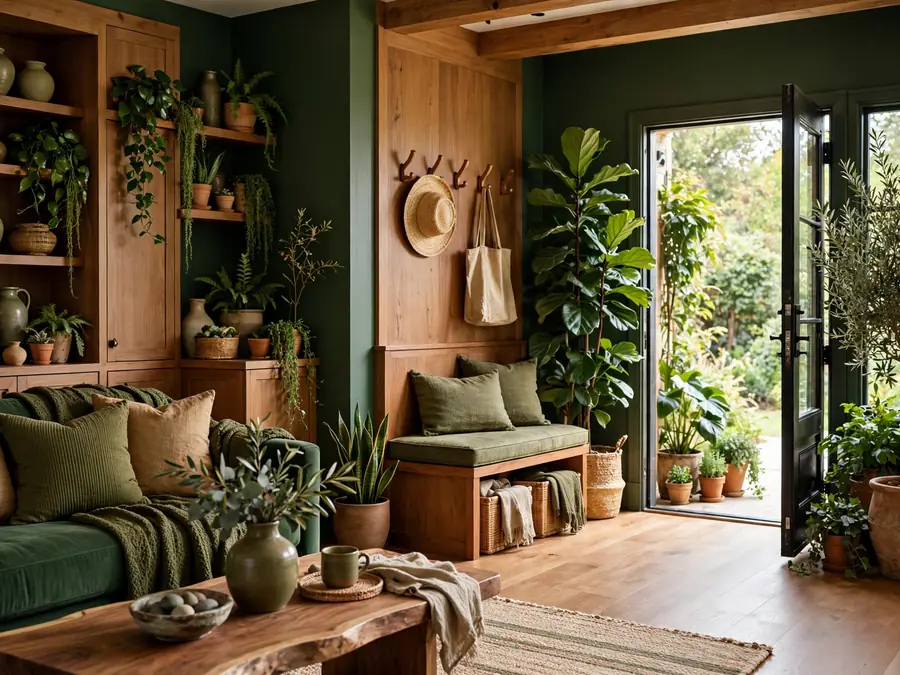 living space in deep greens and warm wood with planted entry