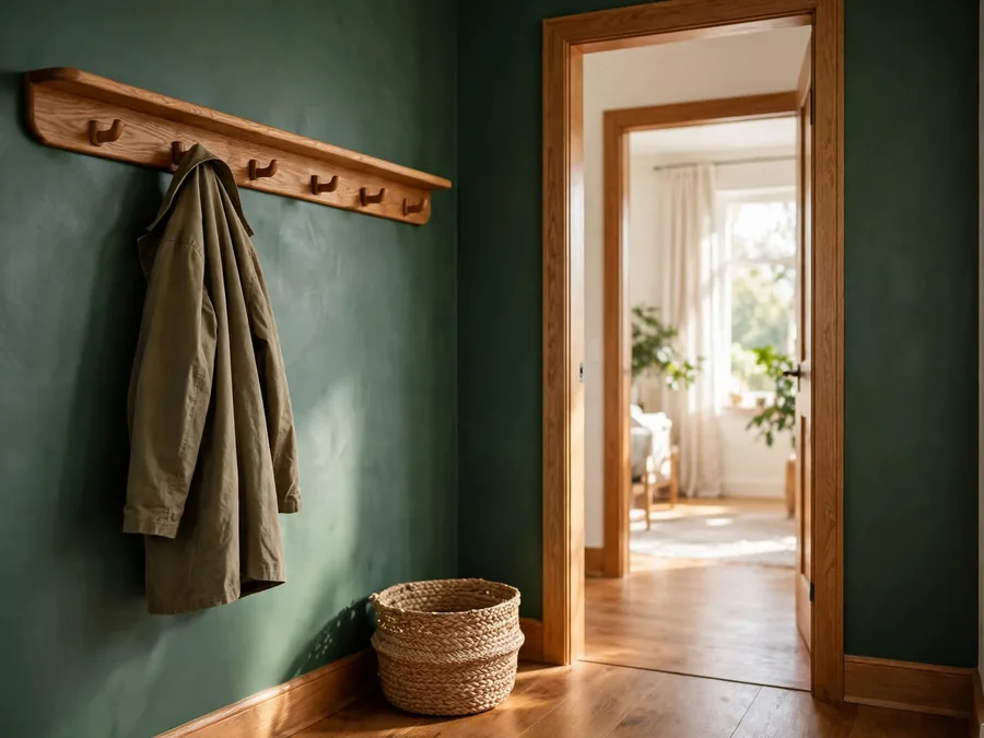 hallway doorway with wood hook rail and basket