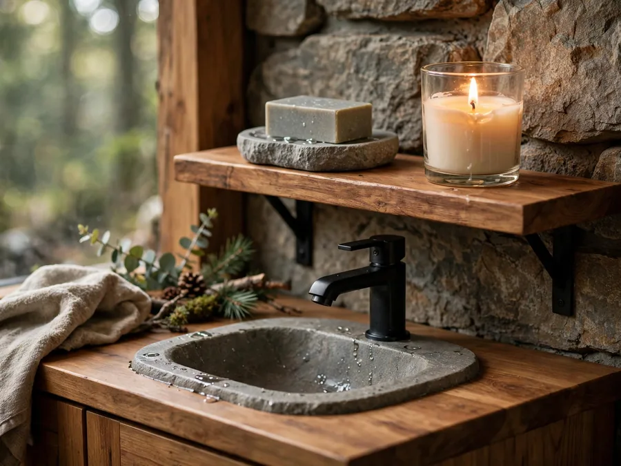 bathroom shelf with cedar candle and stone soap dish