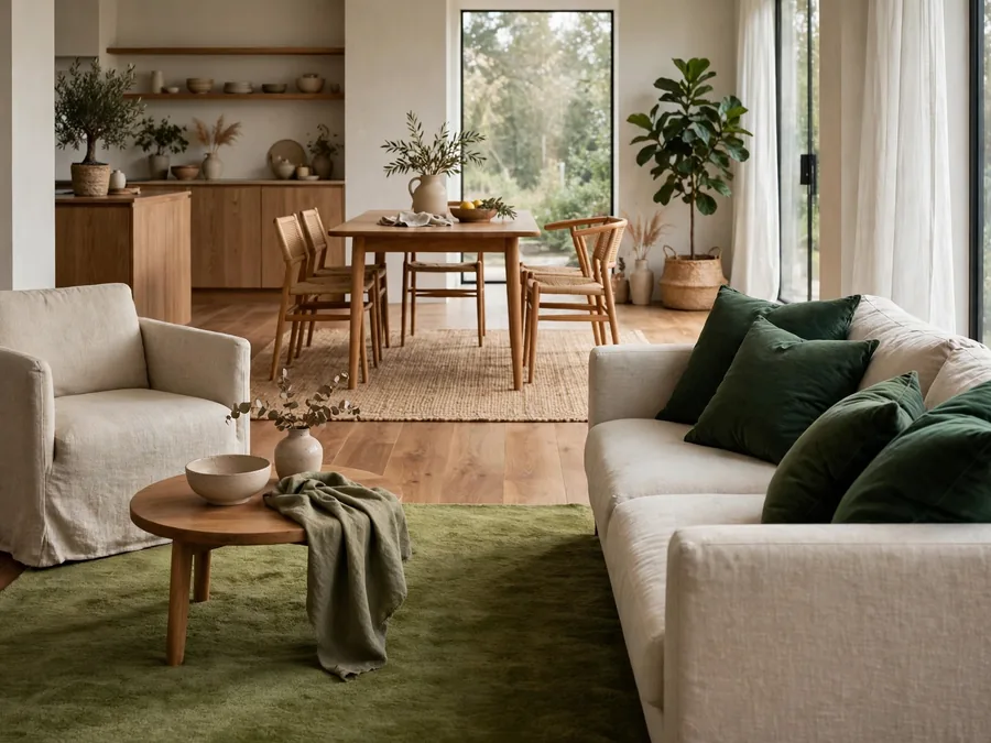 open plan room with wood floor and moss green rug
