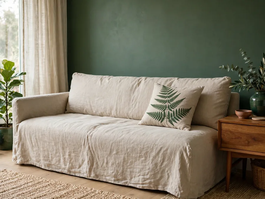 linen sofa with fern print cushion