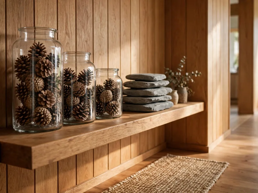 wooden shelf with jars of pinecones and stones