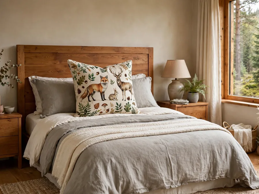 guest bed with large woodland animal cushion