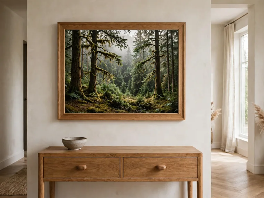 framed forest print above oak console table