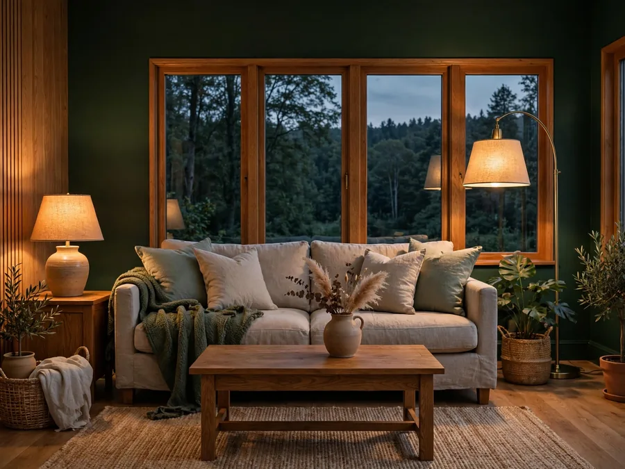 forest toned living room with warm lamps at dusk
