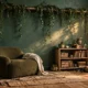Wide forest-style reading corner with deep green walls and wood