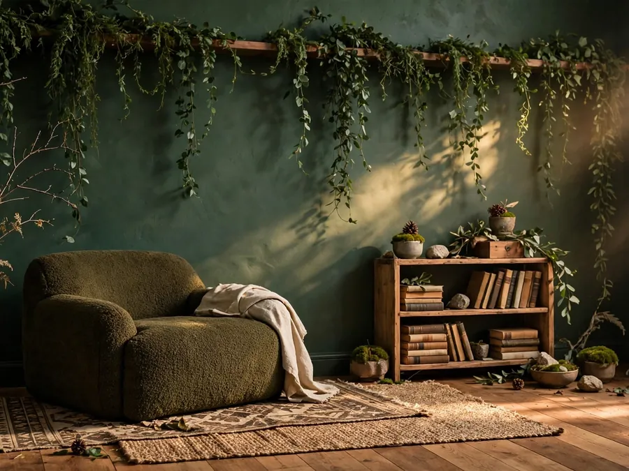 Wide forest-style reading corner with deep green walls and wood