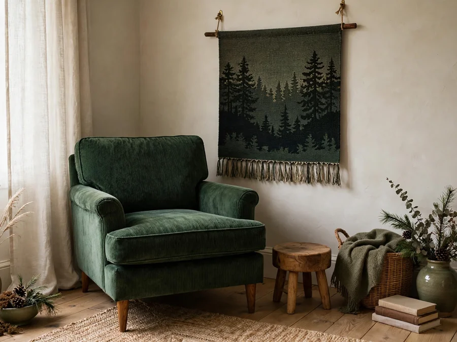 deep green reading chair in a woodland corner