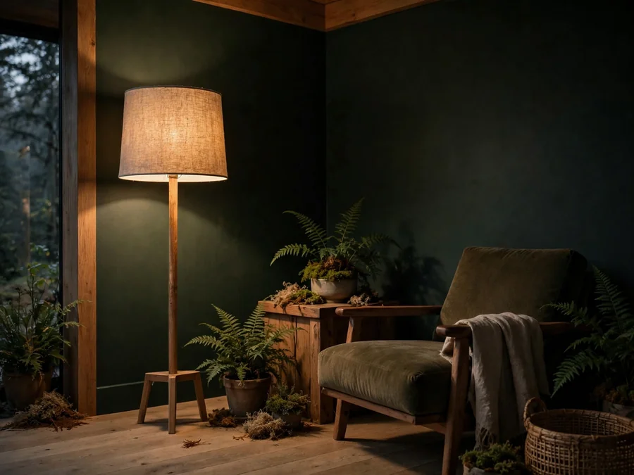 warm lamp glow in a forest-style corner
