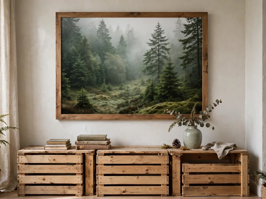 framed forest print above a low wooden shelf