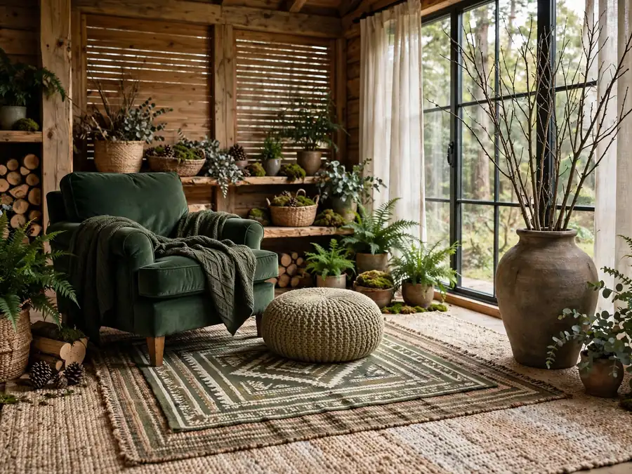 layered woodland corner with rug chair and pouf