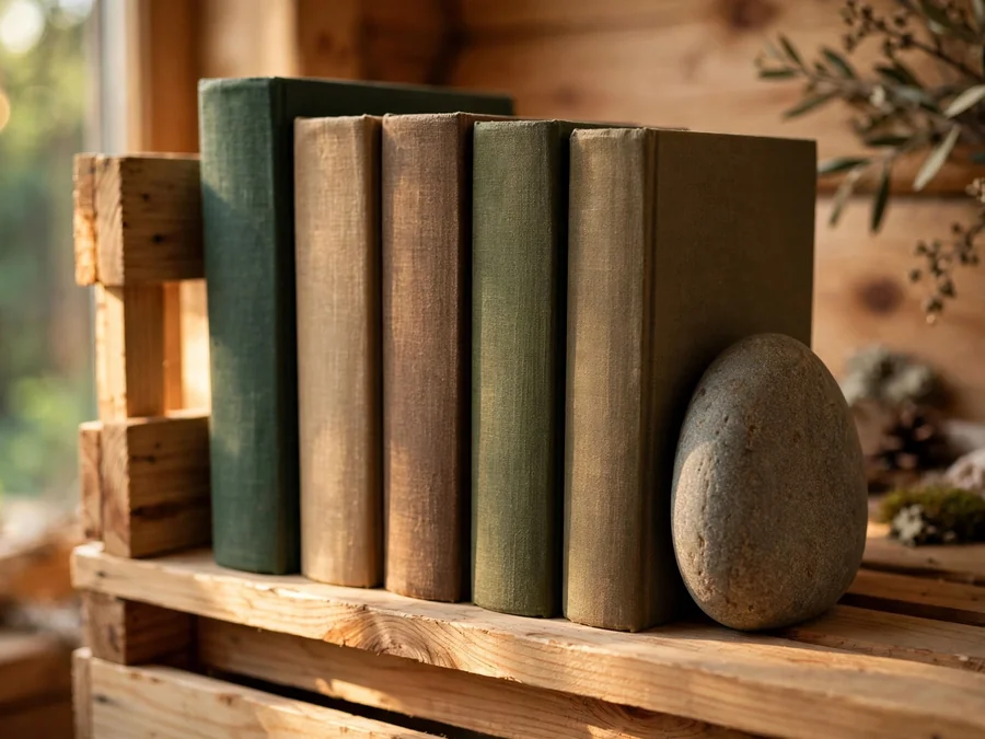 books held by a smooth river stone bookend