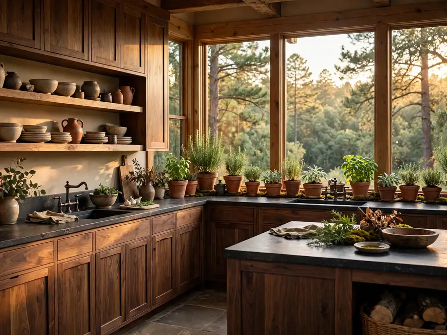 forest kitchen with earthy wood cabinets and herb pots