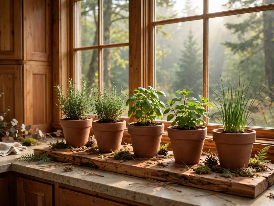 terracotta herb pots on a kitchen windowsill