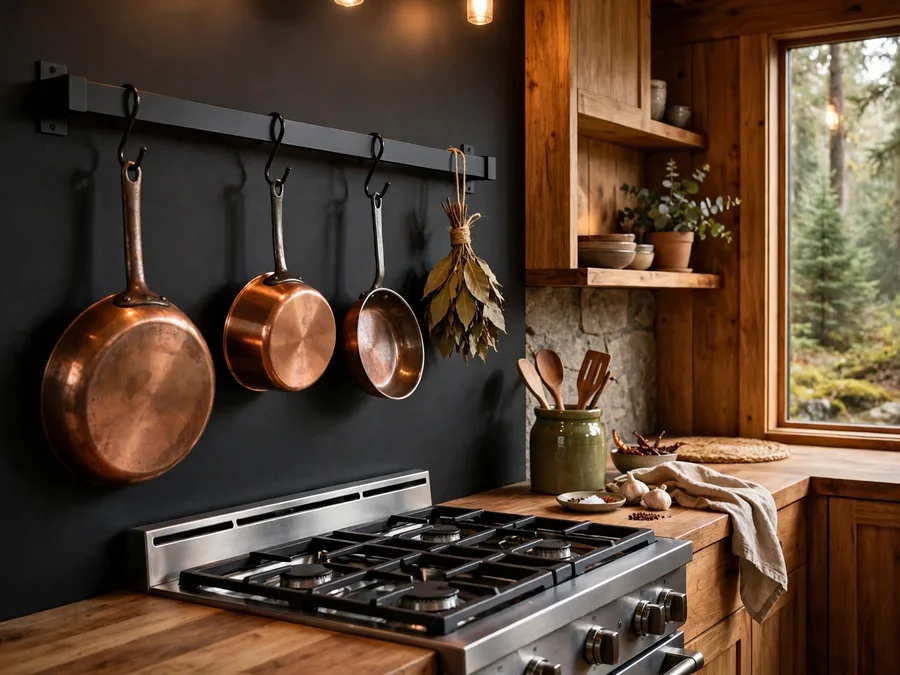 copper pots hanging on a black kitchen rail