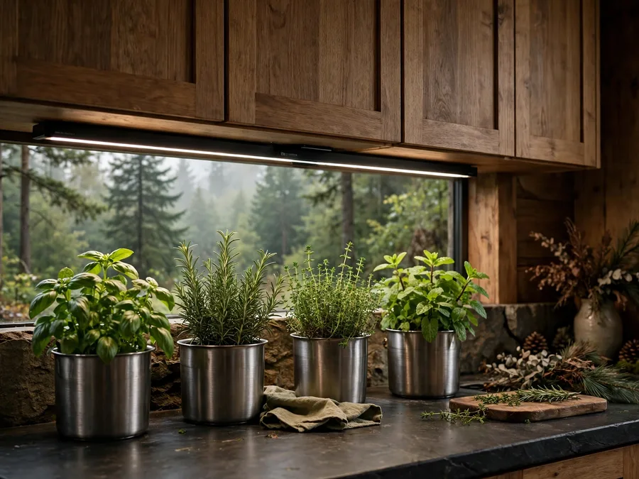 herbs growing under a cabinet light bar