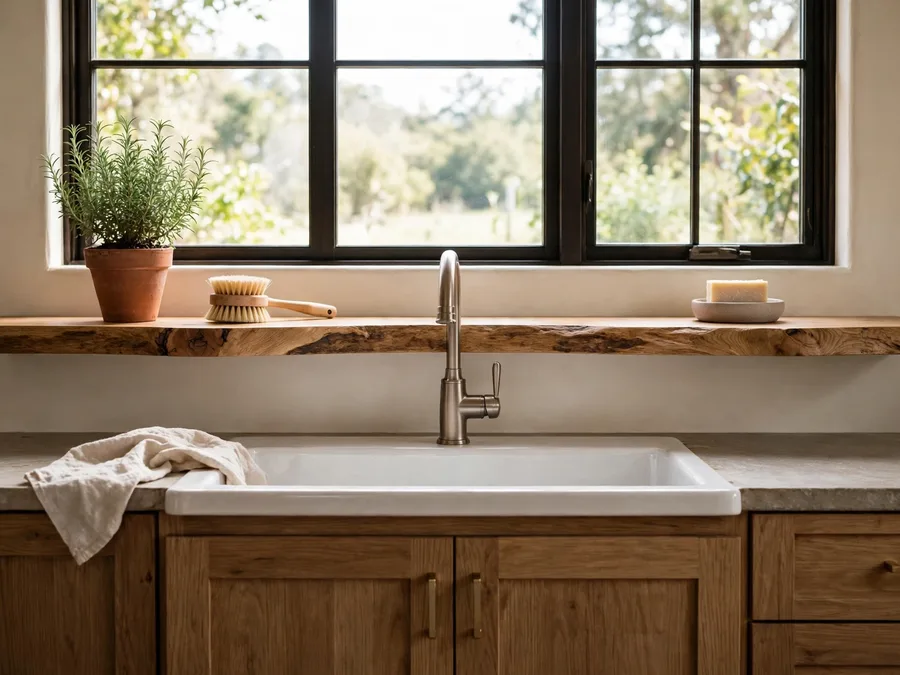 live-edge wood shelf above a kitchen sink