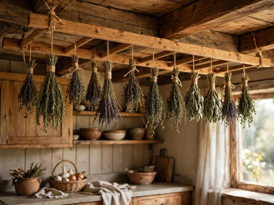 bundled herbs hanging from a ceiling rack