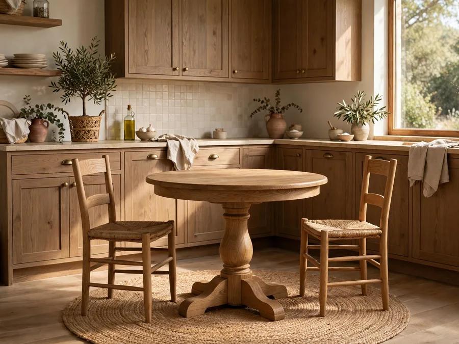 round wood table in a kitchen breakfast nook