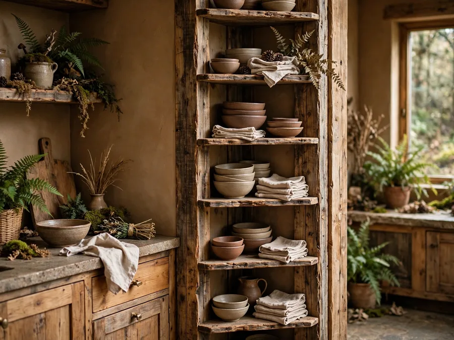 reclaimed pine corner shelves with stoneware