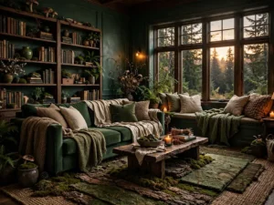 Moody forest living room with deep green walls and layered natural textures
