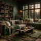 Moody forest living room with deep green walls and layered natural textures