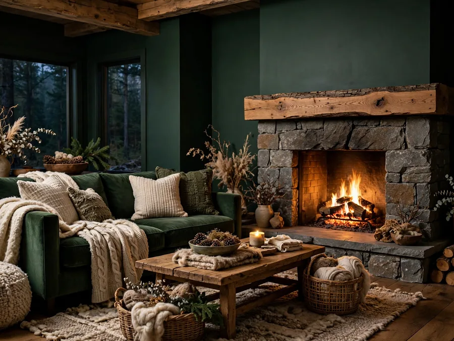 Stone fireplace with raw oak mantel in a deep green living room