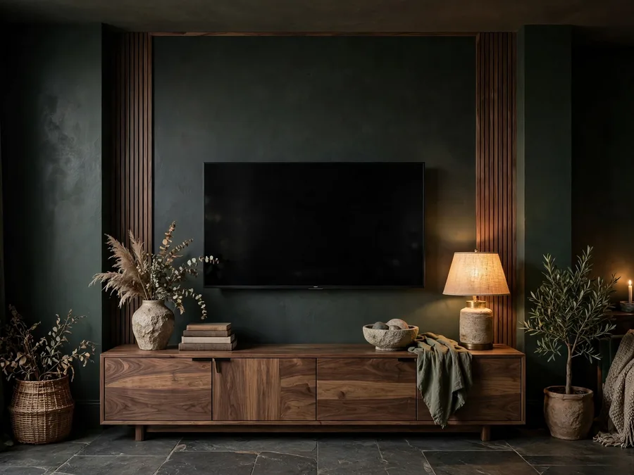 Television on a charcoal-green media wall with walnut console