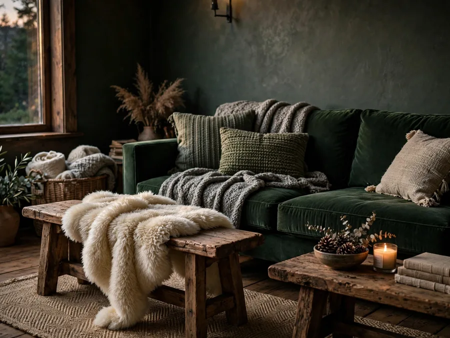 Faux sheepskin draped over a wooden bench beside a green sofa