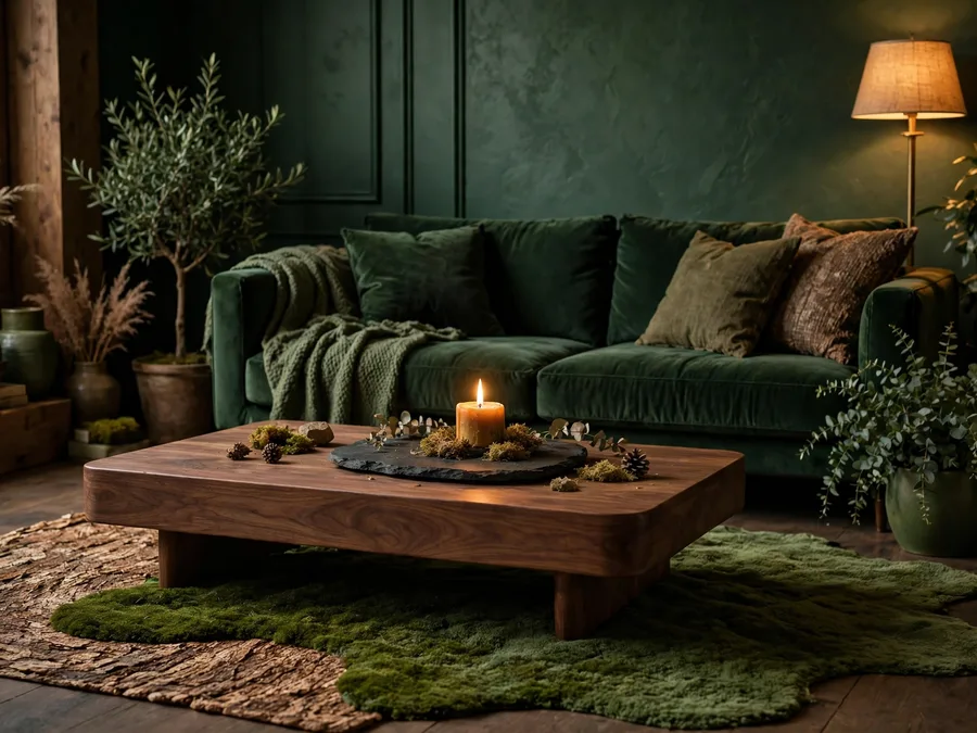 Walnut coffee table with a slate tray and candle in a green living room