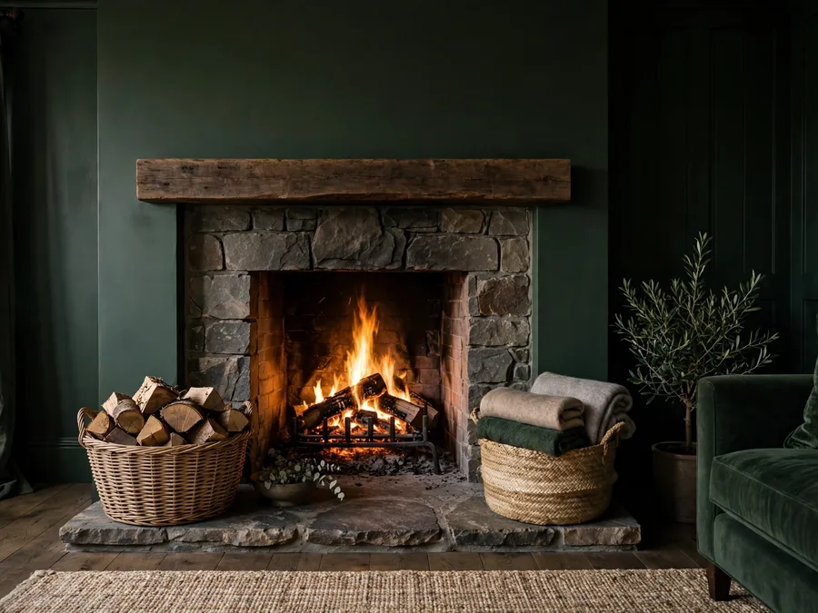 Willow basket of firewood and seagrass basket of throws beside a fireplace