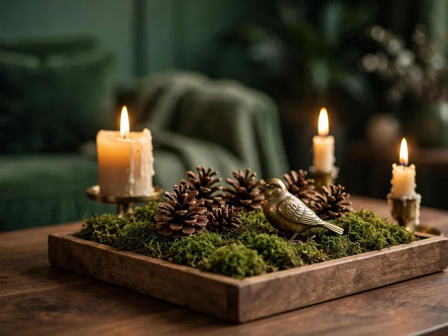 Coffee table tray with preserved moss, pinecones and a small brass bird