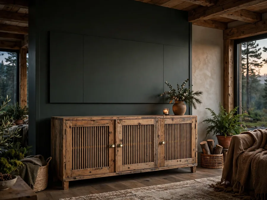 Reclaimed pine cabinet with slatted front under a green media wall