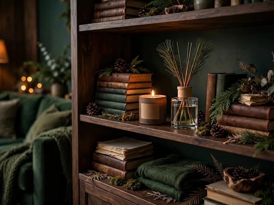 Cedar candle and pine diffuser on a bookshelf in a moody green living room