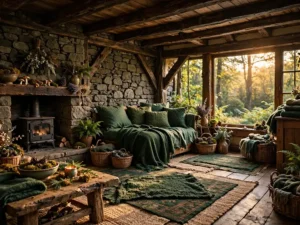 storybook forest cottage living room with beams and stone