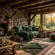 storybook forest cottage living room with beams and stone