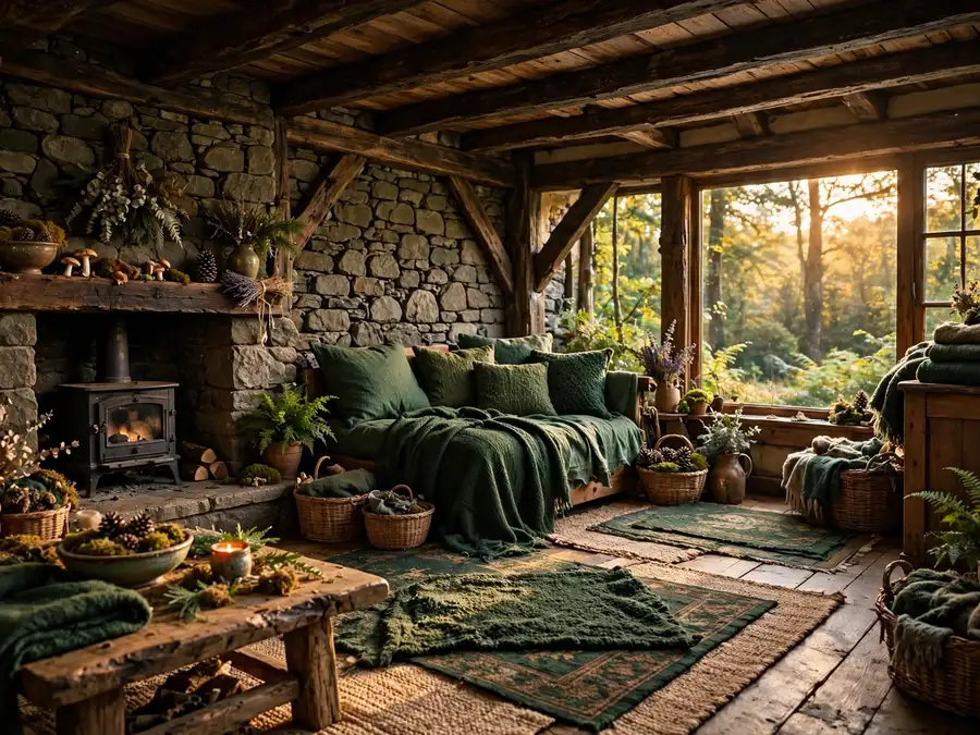 storybook forest cottage living room with beams and stone