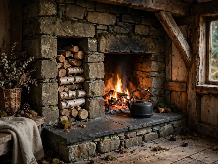 stone fireplace corner with stacked logs