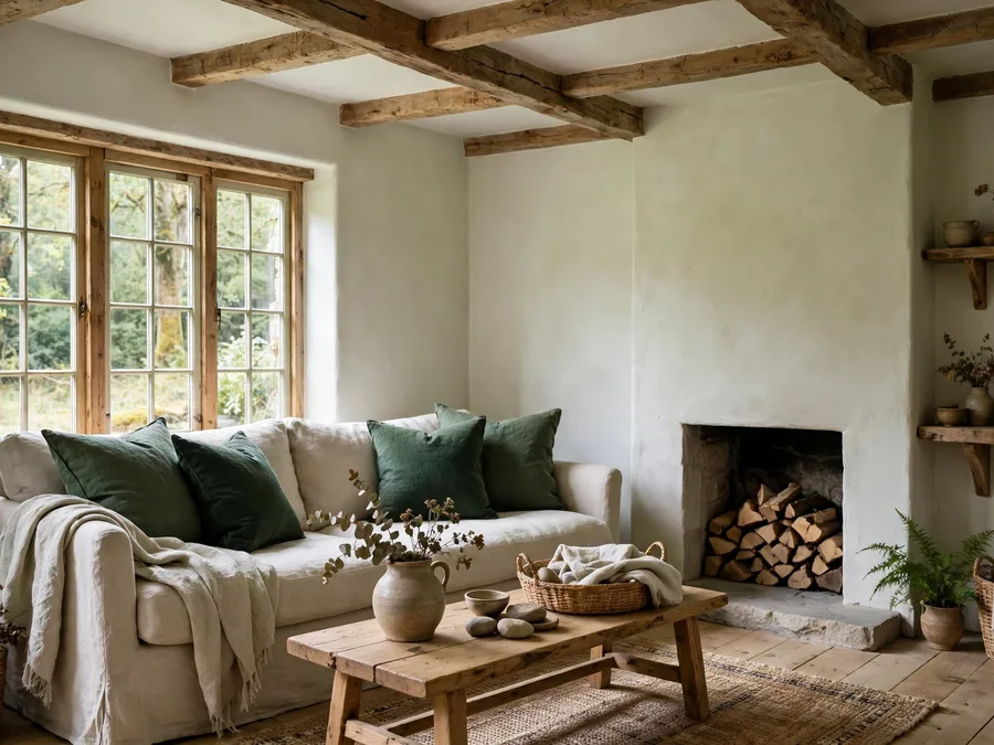 limewashed cottage room with green cushions