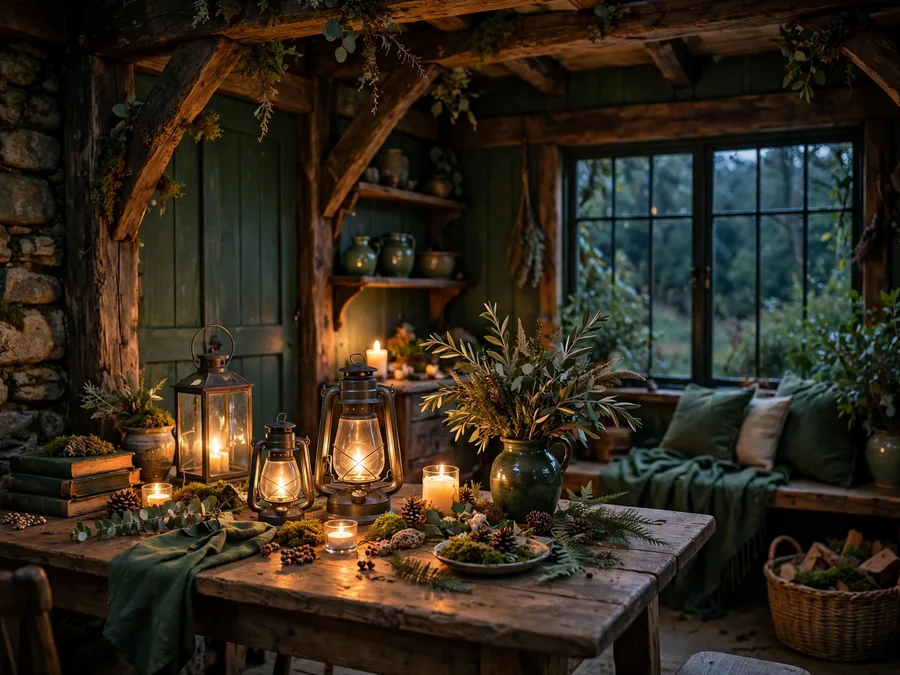 cottage room glowing with lantern light