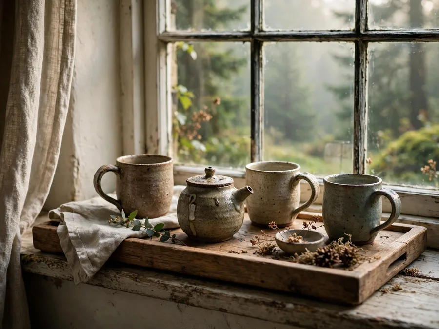 tea tray with stoneware mugs by window