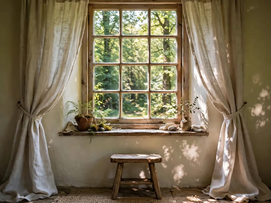 window with linen curtains and tree view