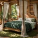 Forest themed bedroom with a canopy bed in deep green bedding