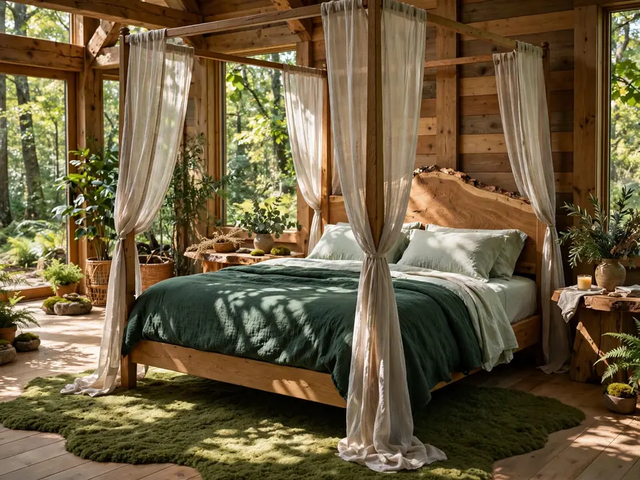 Forest themed bedroom with a canopy bed in deep green bedding