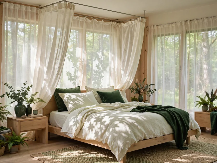 Sheer curtains hanging over a bed from ceiling tracks
