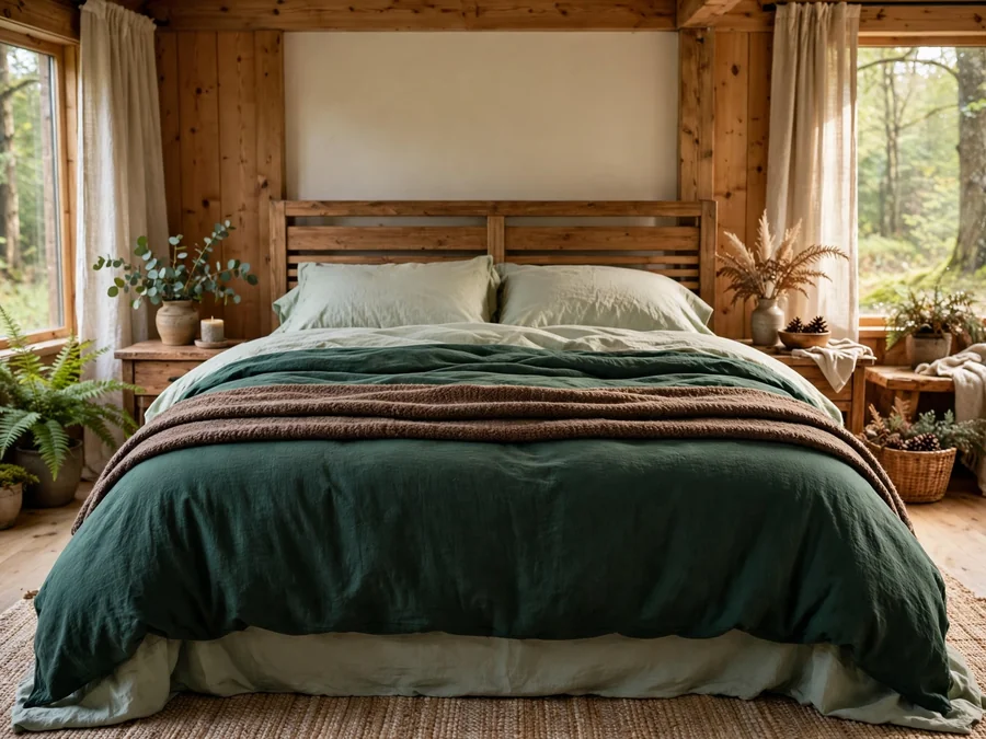 Green bed with a brown wool throw at the foot